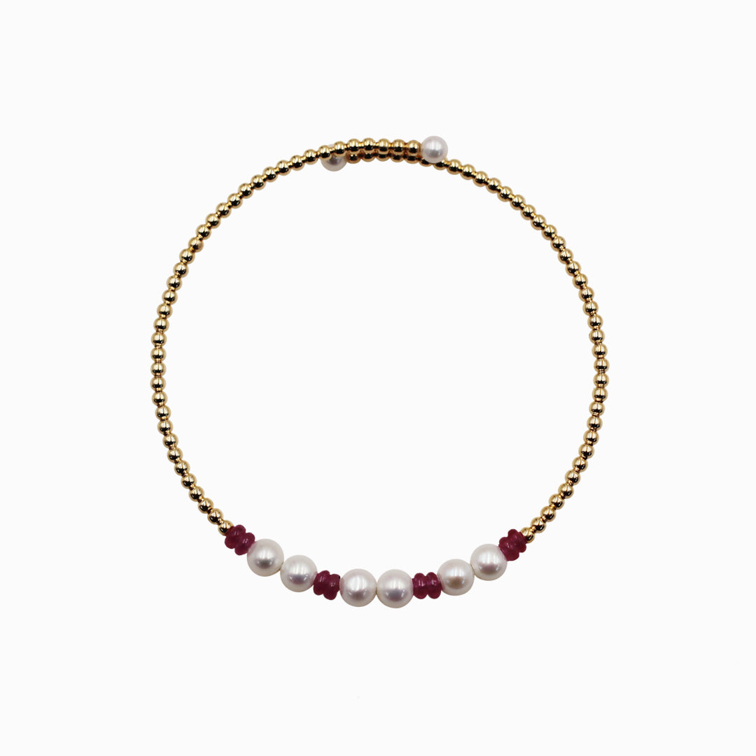 Sakura Ruby & Pearl Coiled Bangle in 18K Yellow Gold