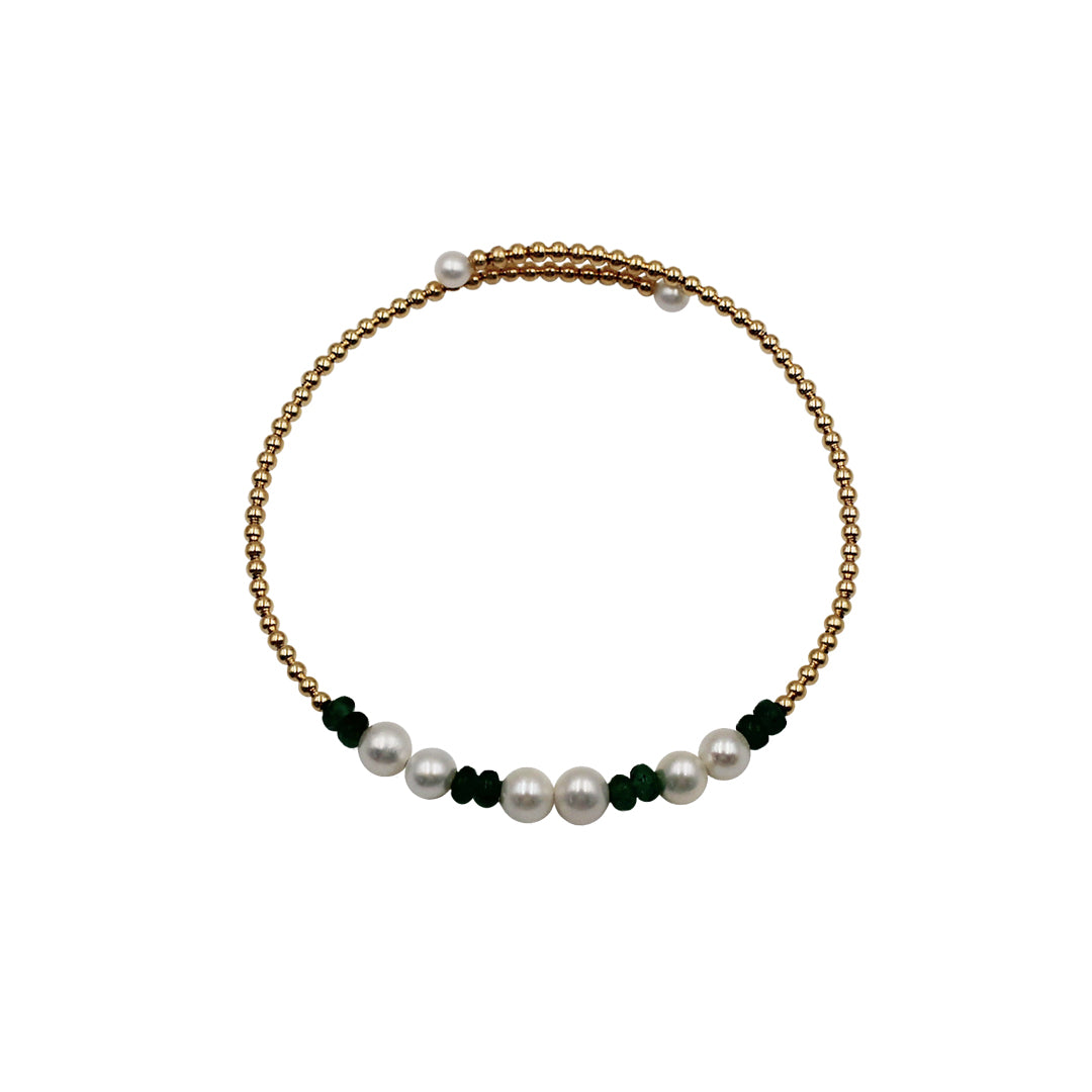 Sakura Pearl & Emerald Coiled Bangle in 18K Yellow Gold