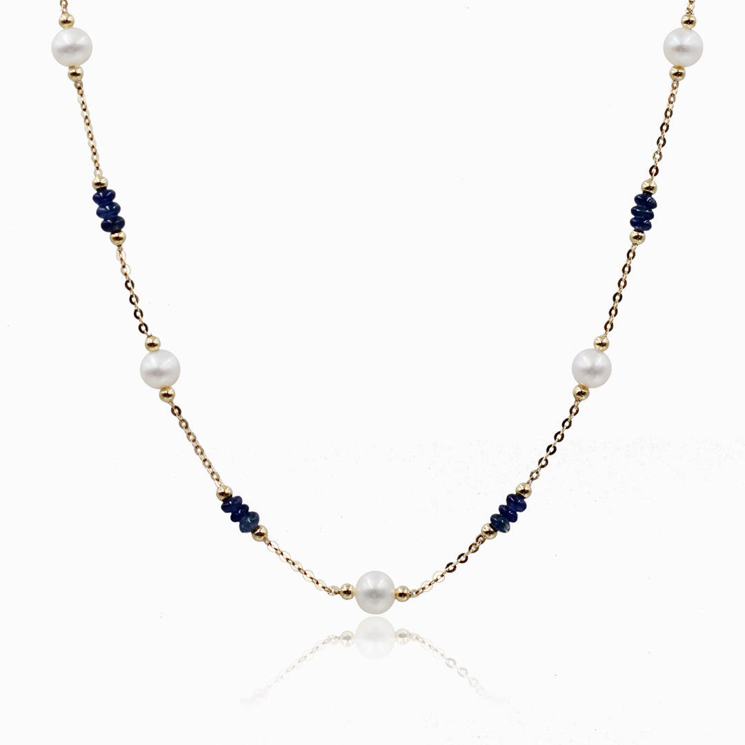 Sakura Sapphire & Pearl Station Necklace in 18K Yellow Gold