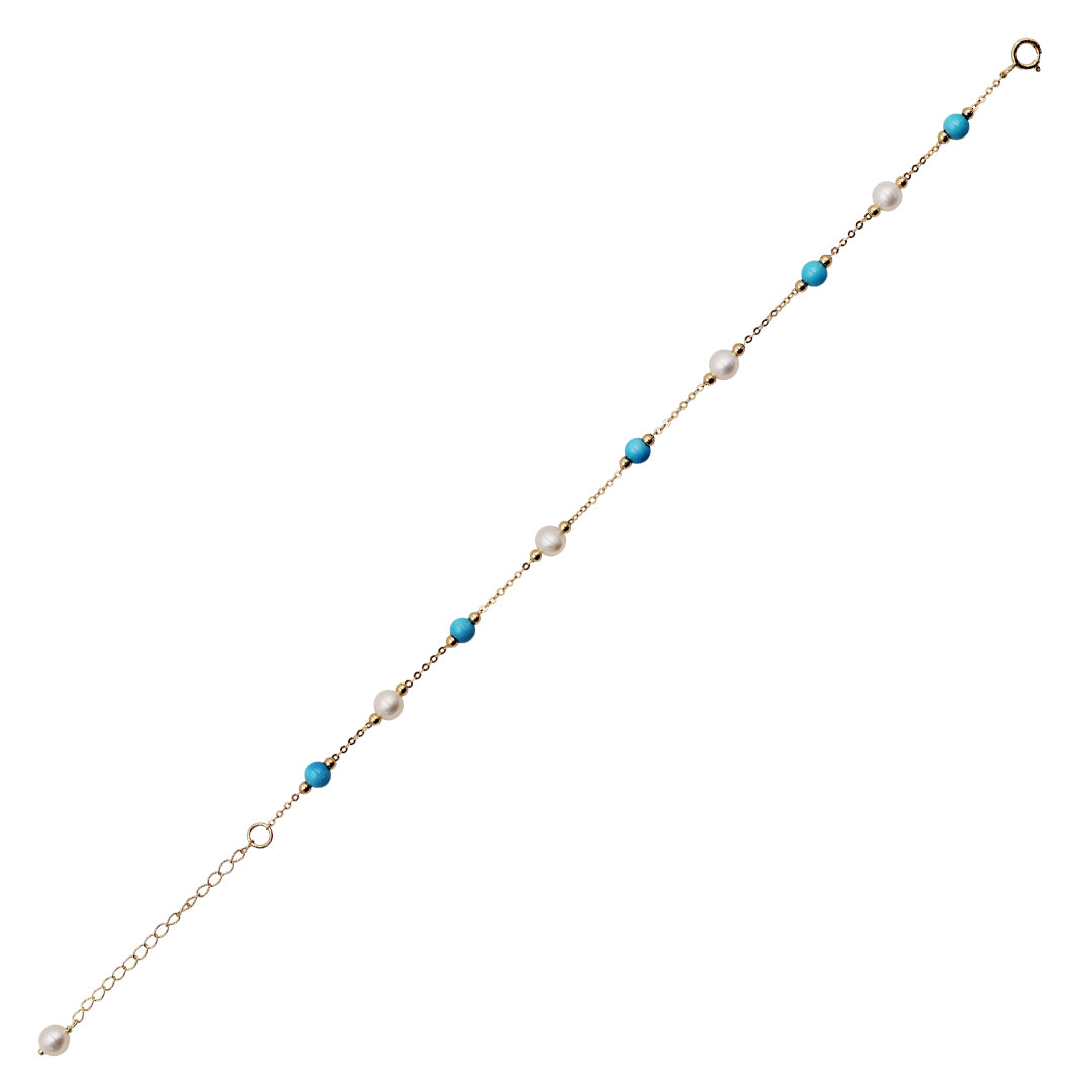Sakura Turquoise & Pearl Station Bracelet in 18K Yellow Gold
