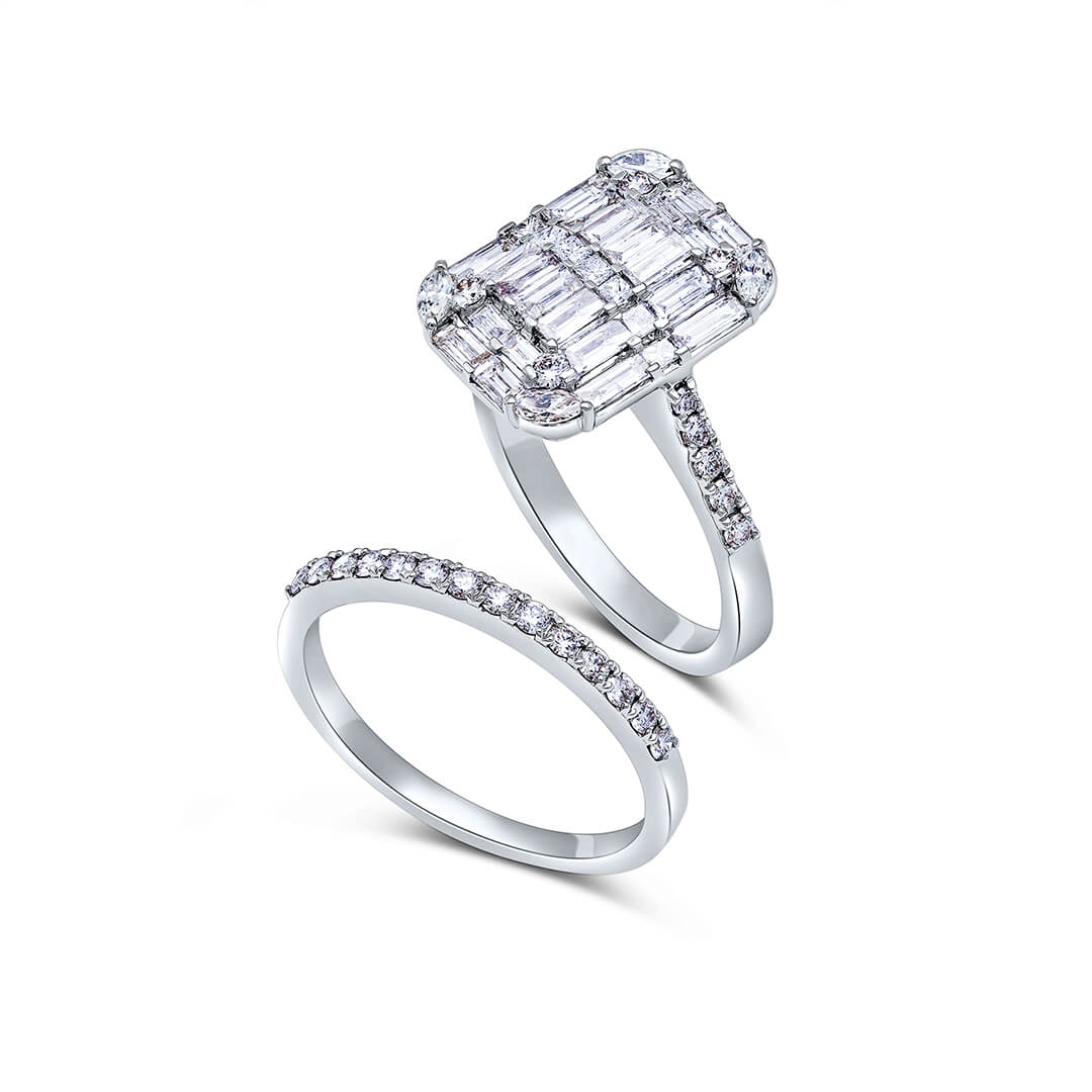 Mirage Emerald Cut Bridal Set with Round Diamond Band in 18K White Gold