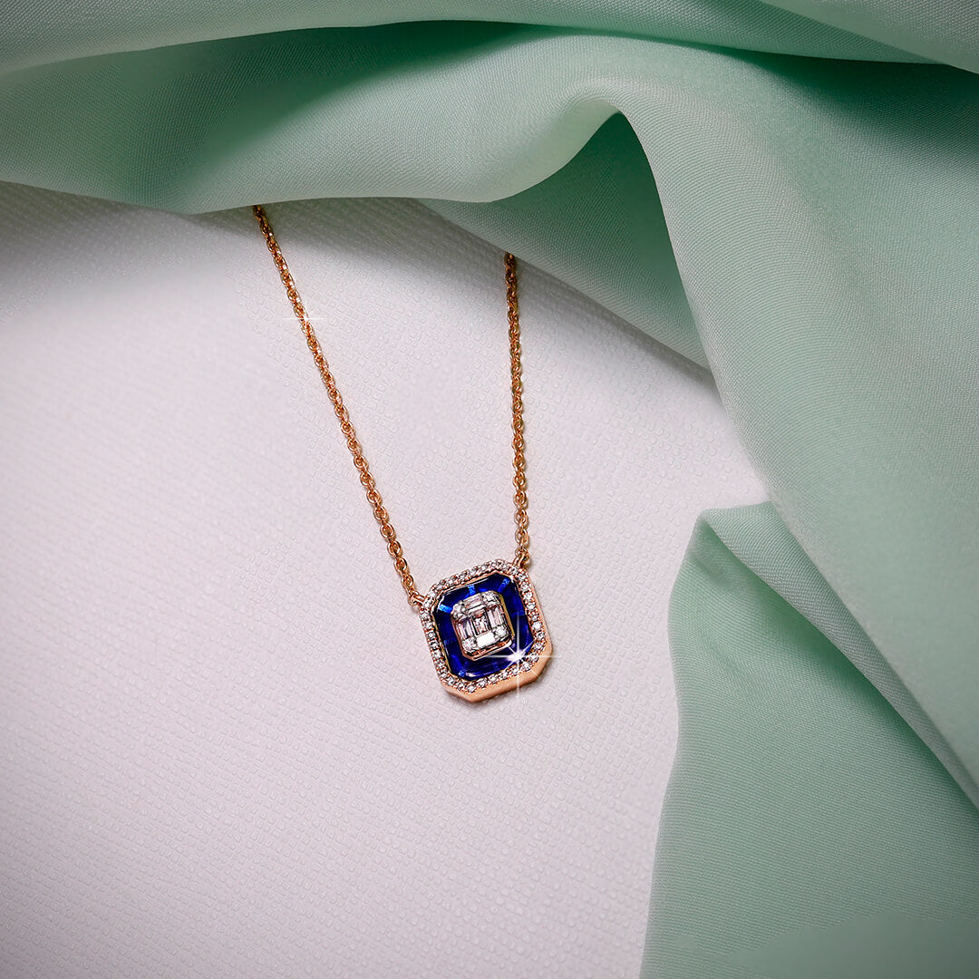 Emerald Cut Diamond Pendant with Blue Ceramic in 18K Rose Gold