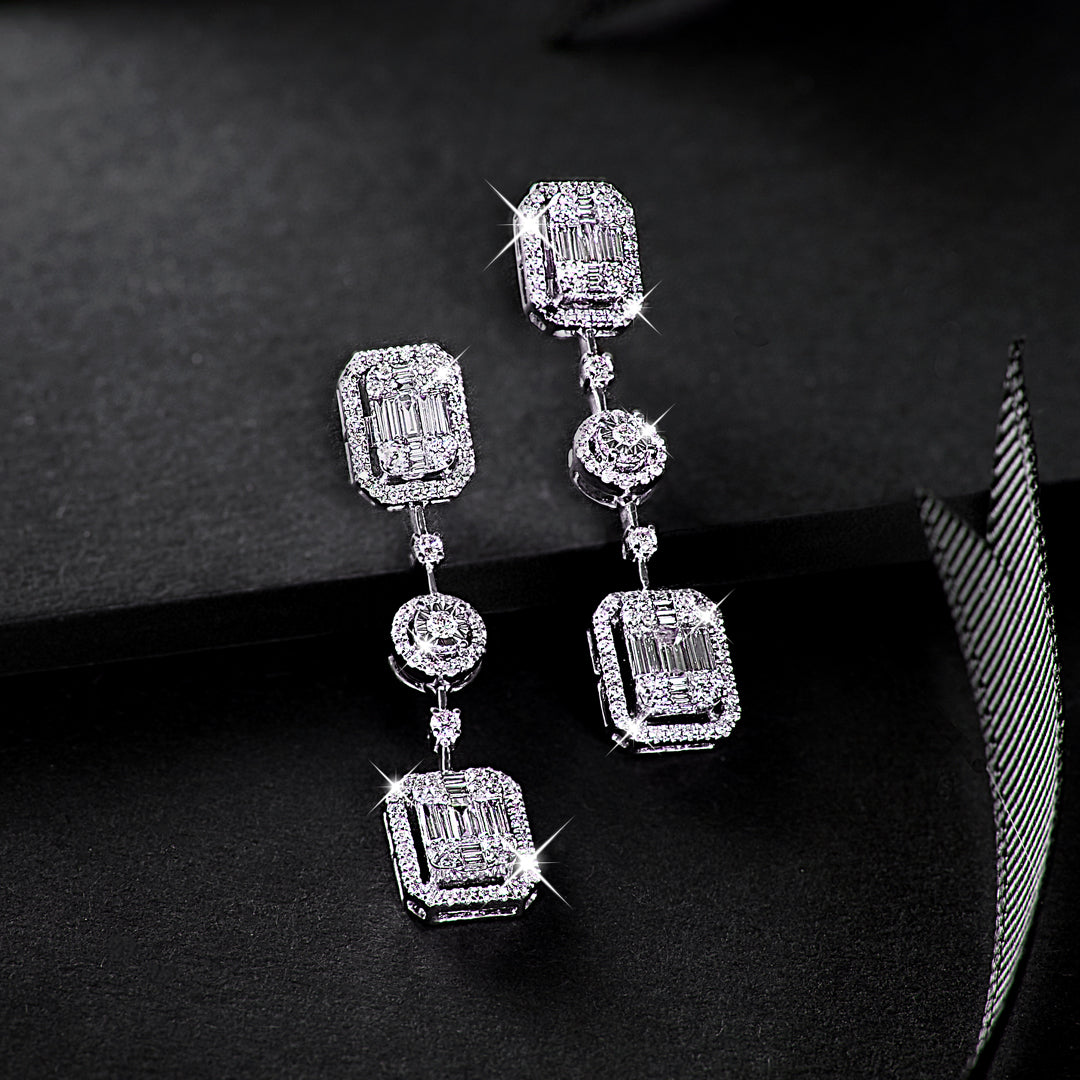 Mirage Emerald Cut Long Diamond Drop Earrings in 18K White Gold