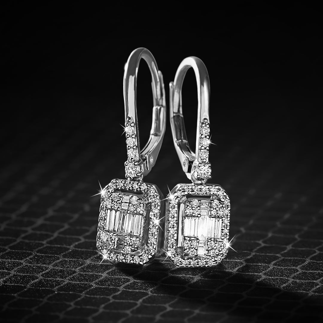 Mirage Emerald Cut Diamond Drop Earrings with Russian Clip in 18K White Gold