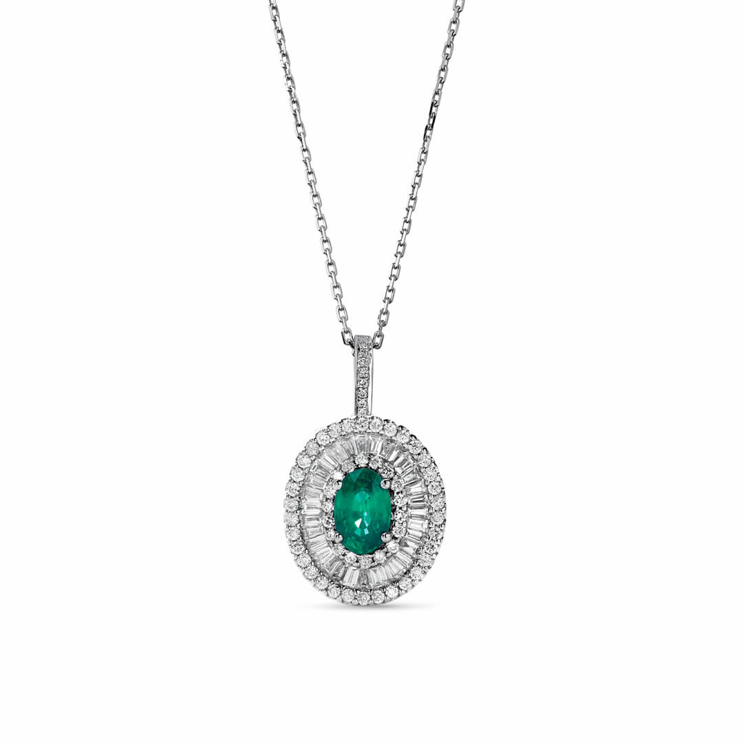 Precious Oval shaped Emerald Pendant With Baguette Diamonds