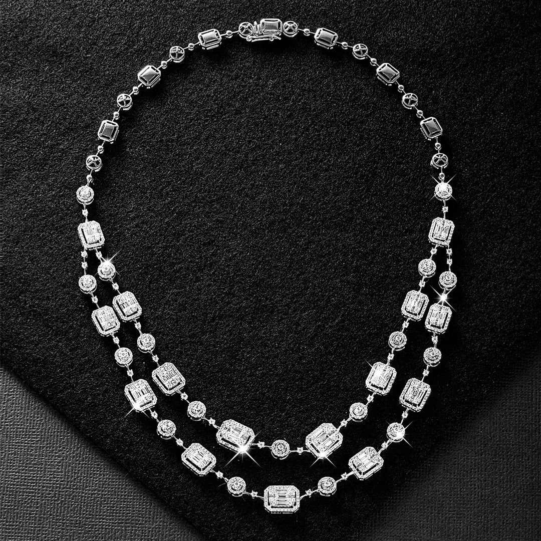 Mirage Emerald Cut 2-Line Diamond Necklace with Free Diamond Earrings
