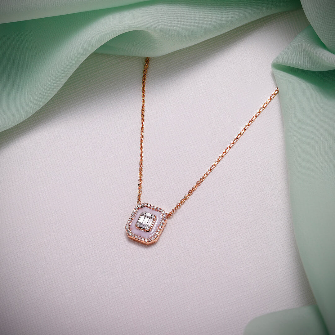 Emerald Cut Diamond Pendant with White Ceramic in 18K Rose Gold