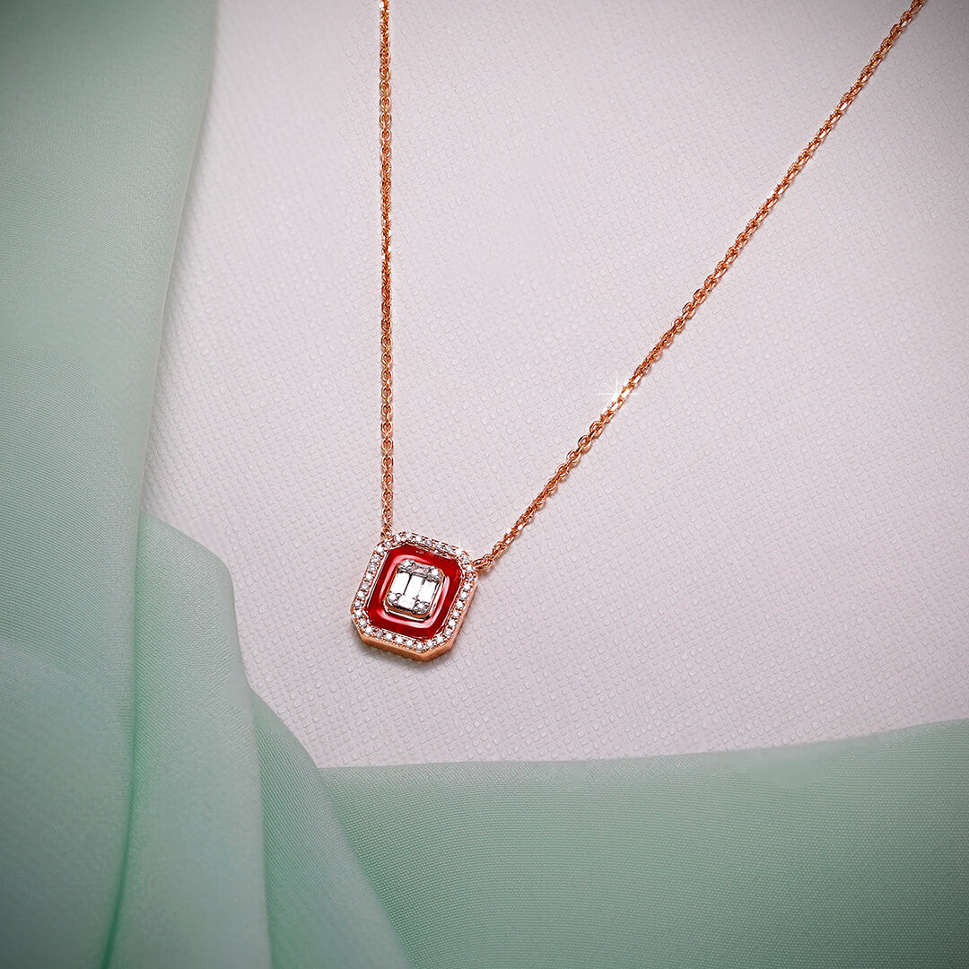 Emerald Cut Diamond Pendant with Red Ceramic in 18K Rose Gold