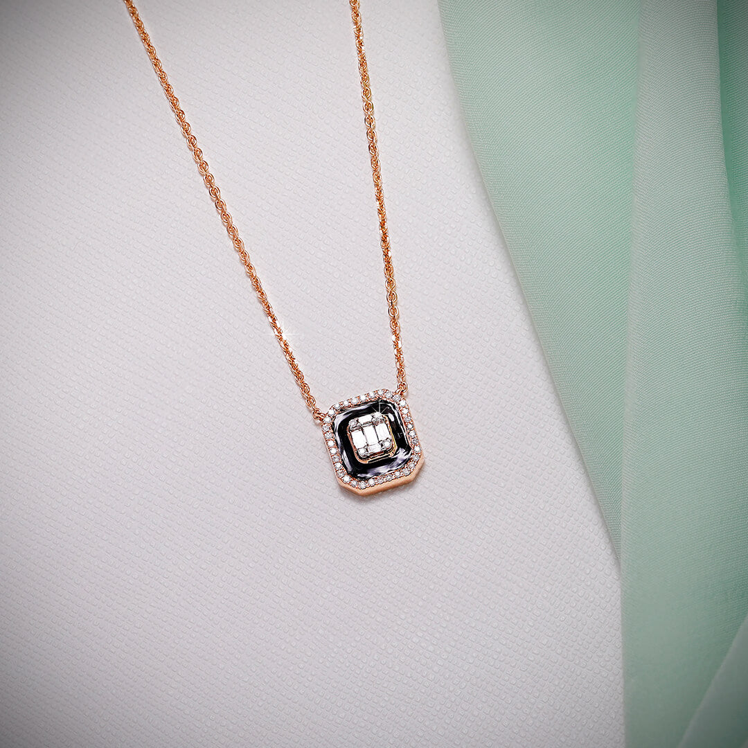 Emerald Cut Diamond Pendant with Black Ceramic in 18K Rose Gold