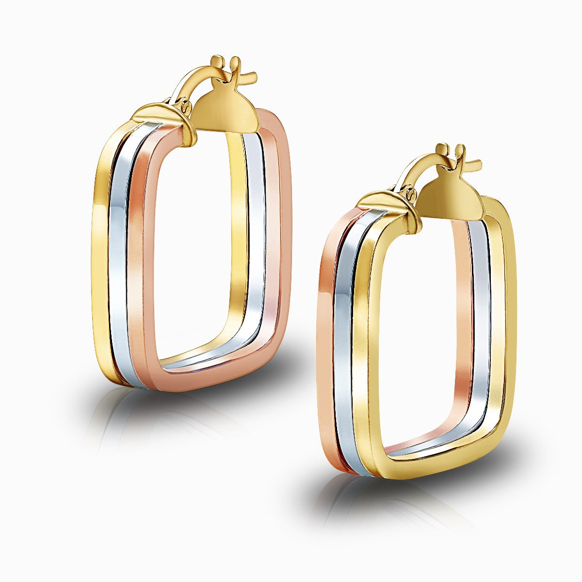 Tri-Color Triple Square 18K Gold Hoop Earrings