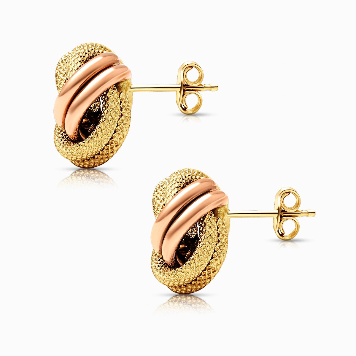 Tri-Color Textured Knot 18K Gold Stud Earrings - Large
