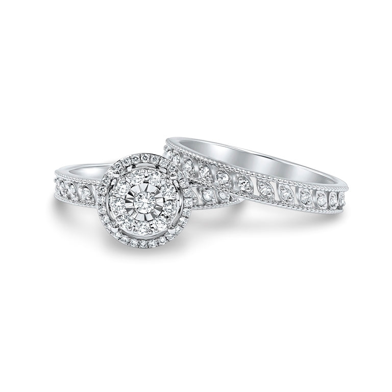 Vintage-Inspired Diamond Halo Wedding Rings in 18K White Gold - Love Bands