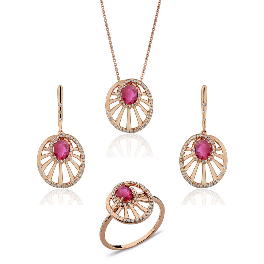 Round Wheel Shaped Ruby Set of Pendant, Earrings & Ring