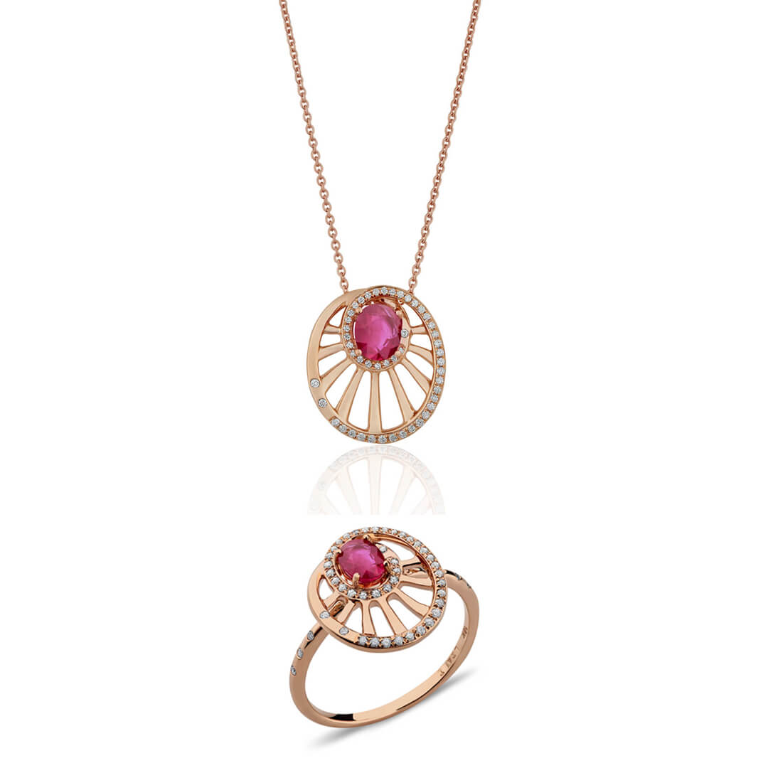 Round Wheel Shaped Ruby Set of Pendant & Ring