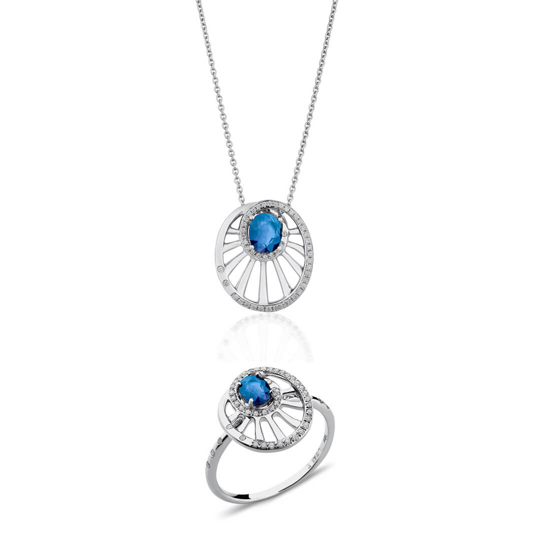 Round Wheel Shaped Sapphire Set of Pendant & Ring