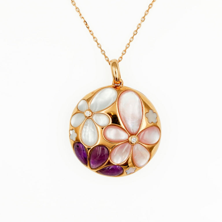 Sakura Abstract Flower Pearl & Amethyst Pendant Necklace