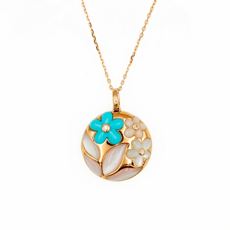 Petite Round Flower & Leaf Pearl Pendant Necklace