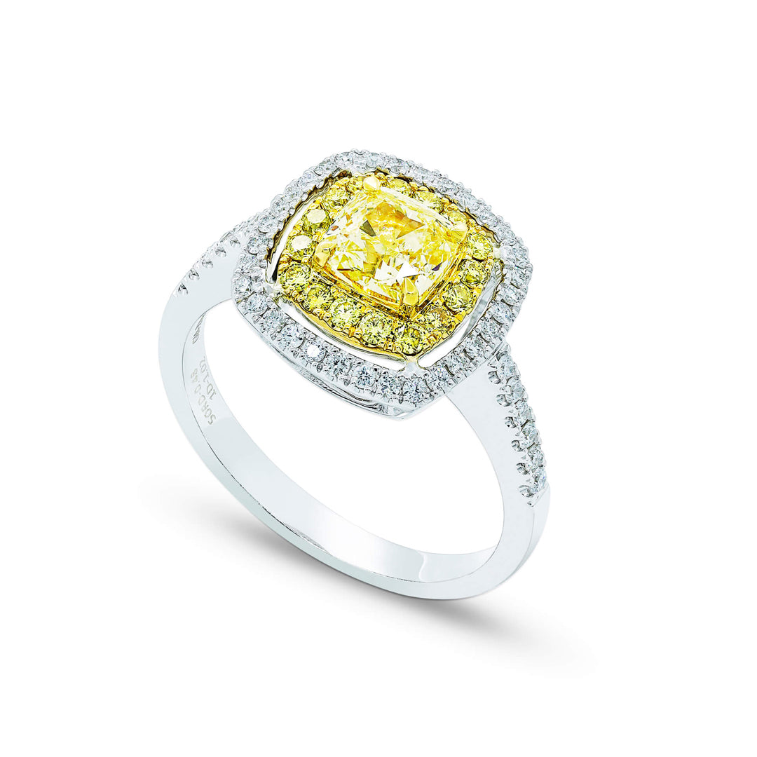 Double Halo Yellow Diamond Cushion Cut Ring