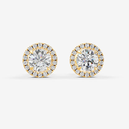 Halo Round Solitaire Earrings in 18K Yellow Gold