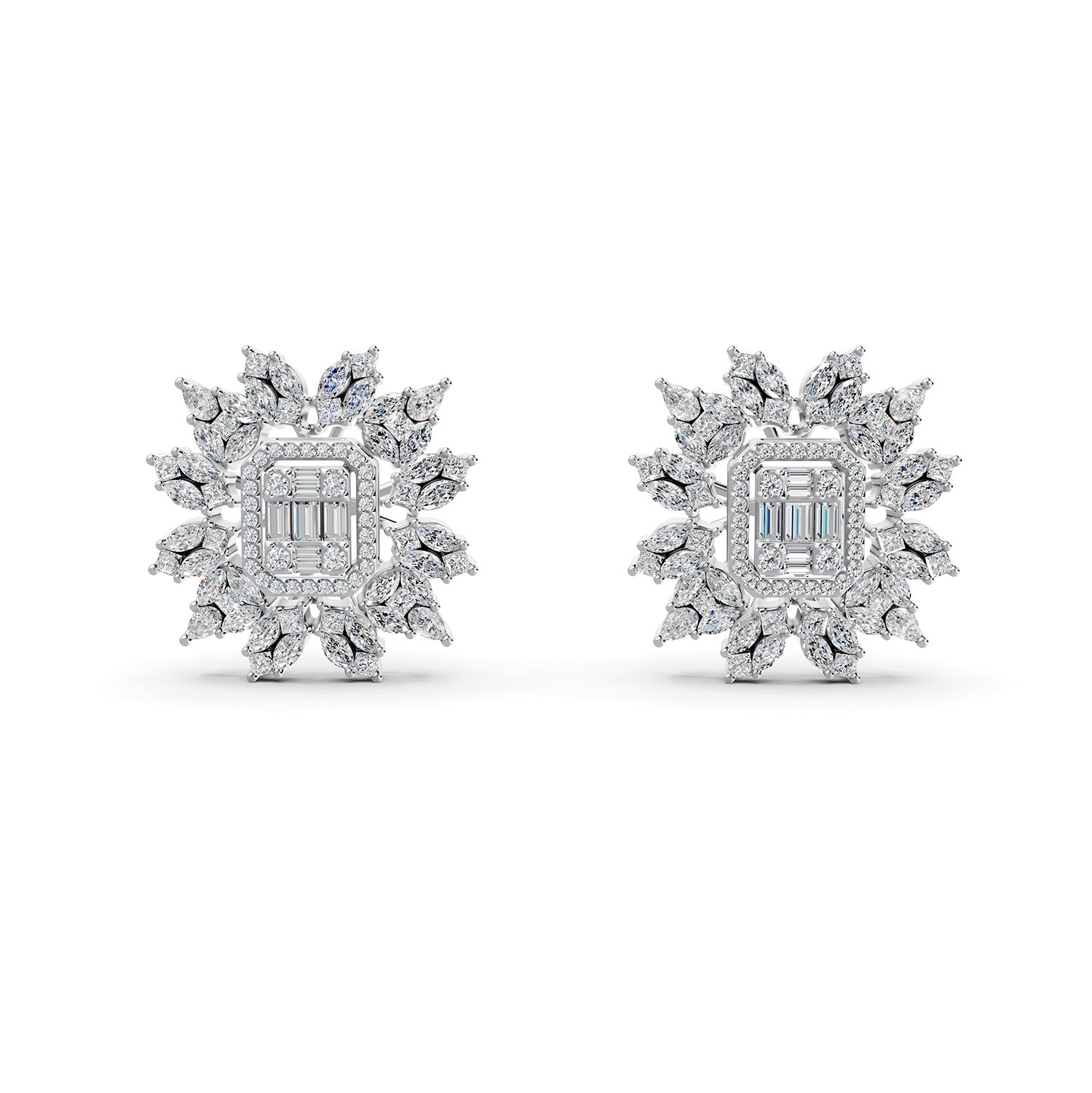 Flower Earrings in Emerald-cut and Marquise shaped Diamond in 18K White Gold