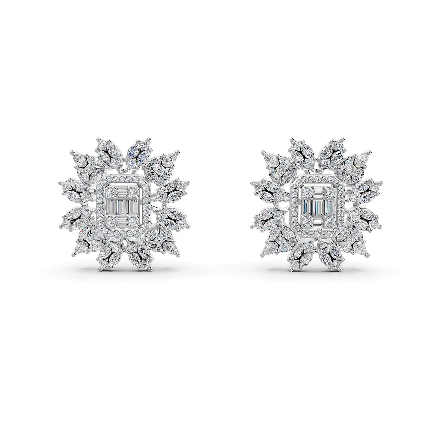 Flower Earrings in Emerald-cut and Marquise shaped Diamond in 18K White Gold