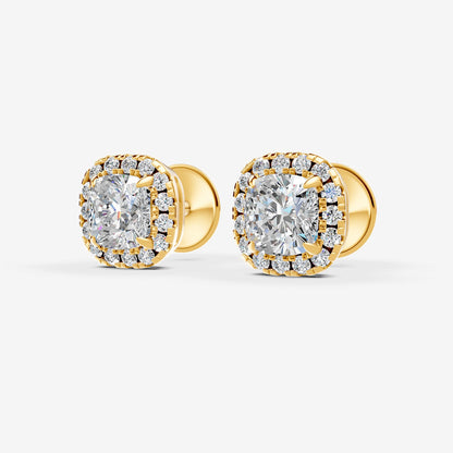 Halo Cushion Solitaire Earrings in 18K Yellow Gold