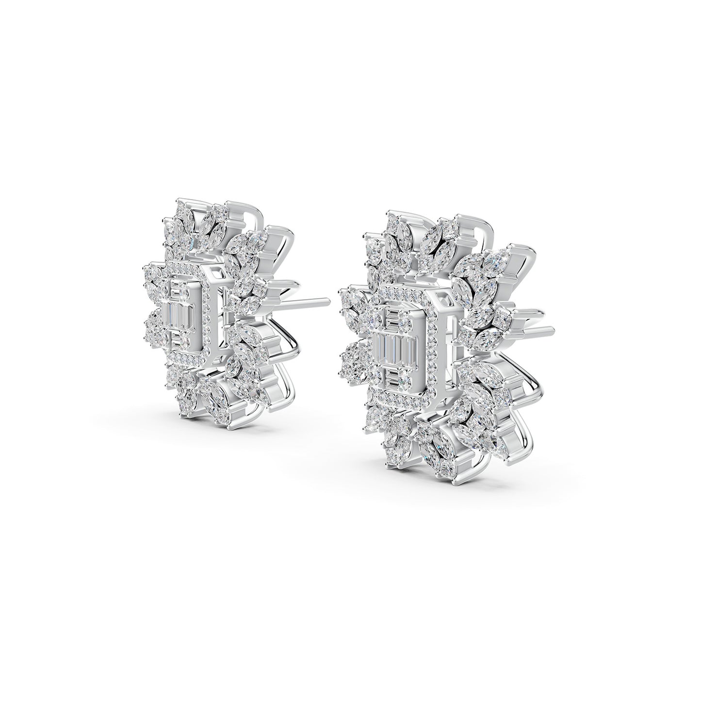 Flower Earrings in Emerald-cut and Marquise shaped Diamond in 18K White Gold