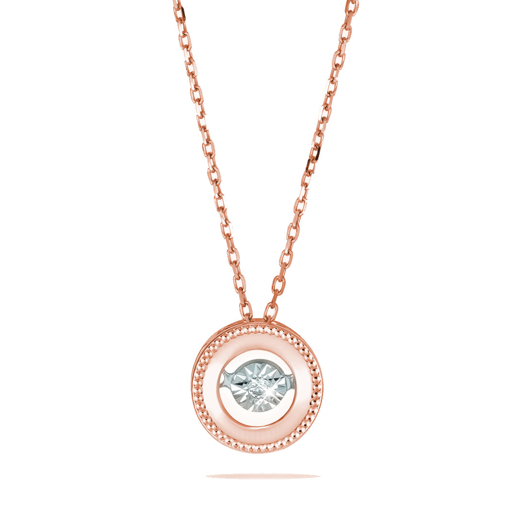 Delicate Round Pendant with dancing Diamond and chain in 18K Rose Gold