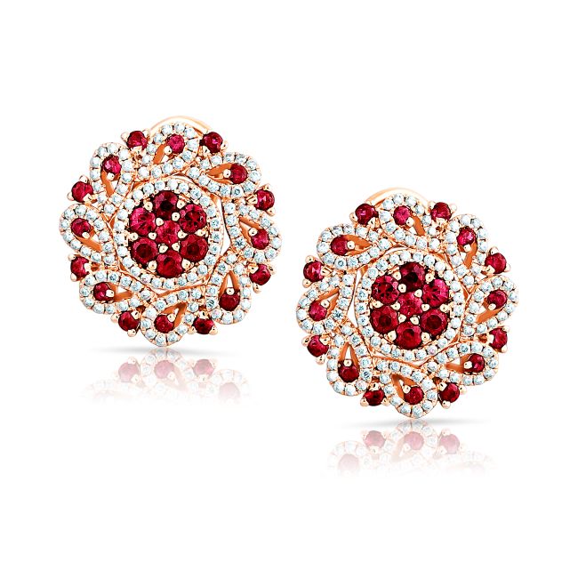 Rose Ruby Bloom Diamond Stud Earrings 18K Rose Gold