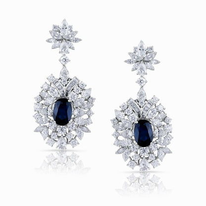 Sapphire & Multi-Cut Diamond Floral Drop Earrings 18K White Gold