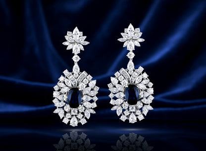 Sapphire & Multi-Cut Diamond Floral Drop Earrings 18K White Gold