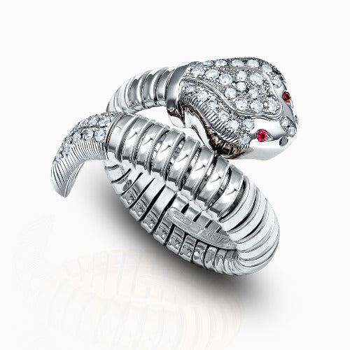 Tessitore Serpente Diamond & Ruby Coiled Ring in 18K White Gold
