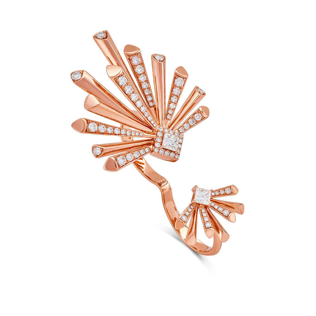 Carine Two Finger Starburst Diamond Ring in 18K Rose Gold
