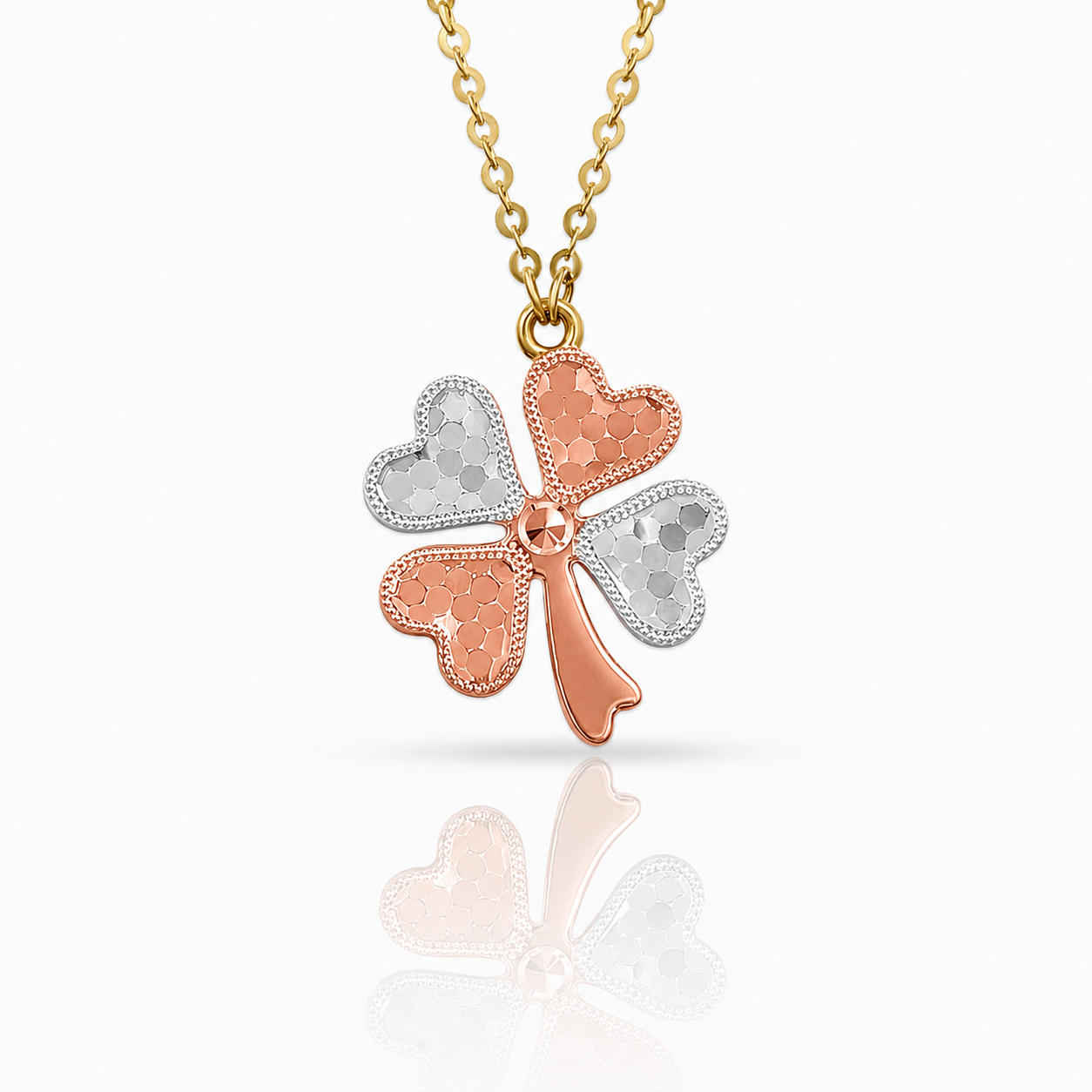 Tri-Colored Textured Four-Leaf Clover 18K Yellow Gold Pendant Necklace