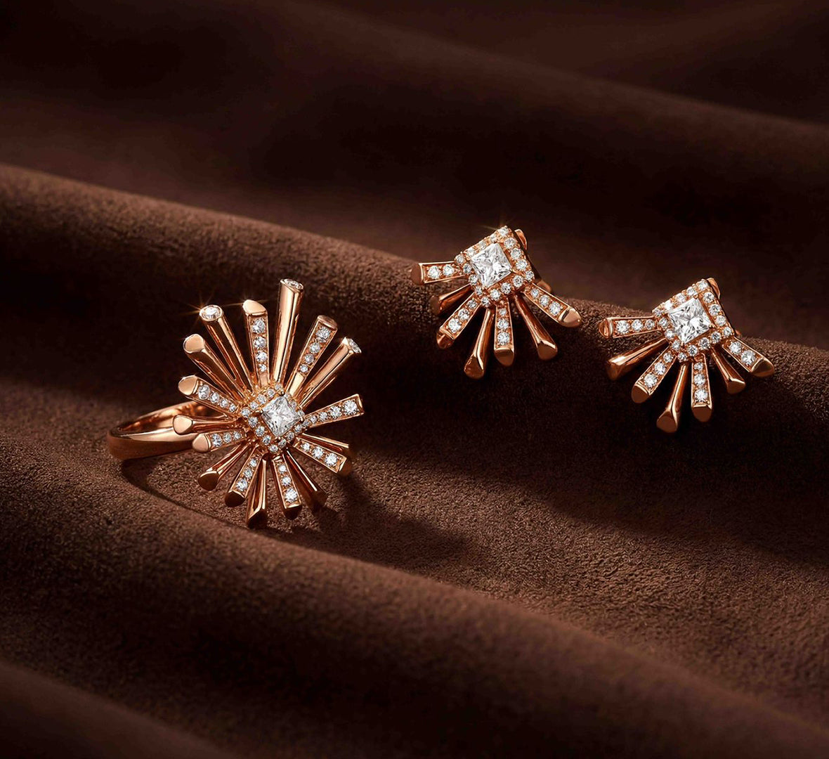 Carine Starburst Diamond Earrings and Ring Combo 18K Rose Gold