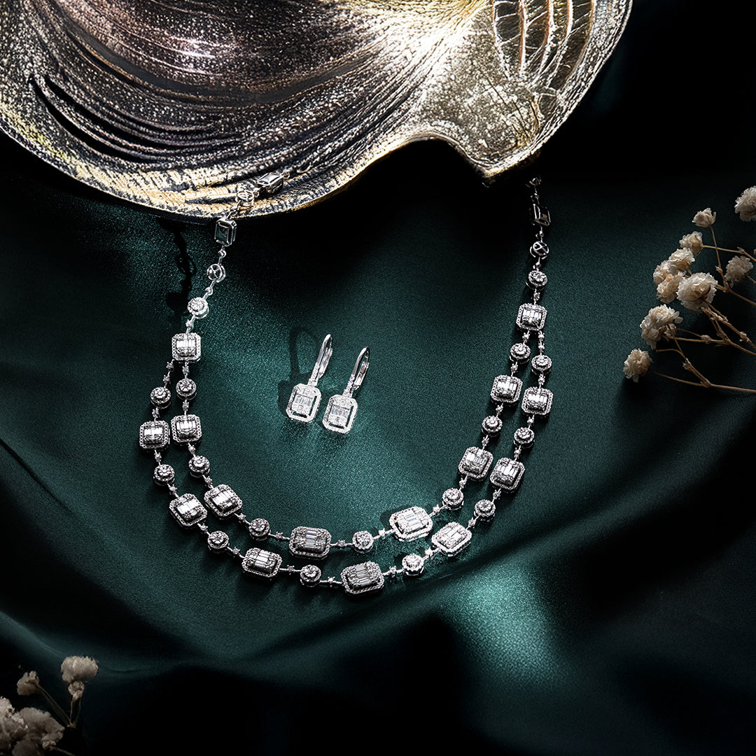 Mirage Emerald Cut 2-Line Diamond Necklace with Free Diamond Earrings