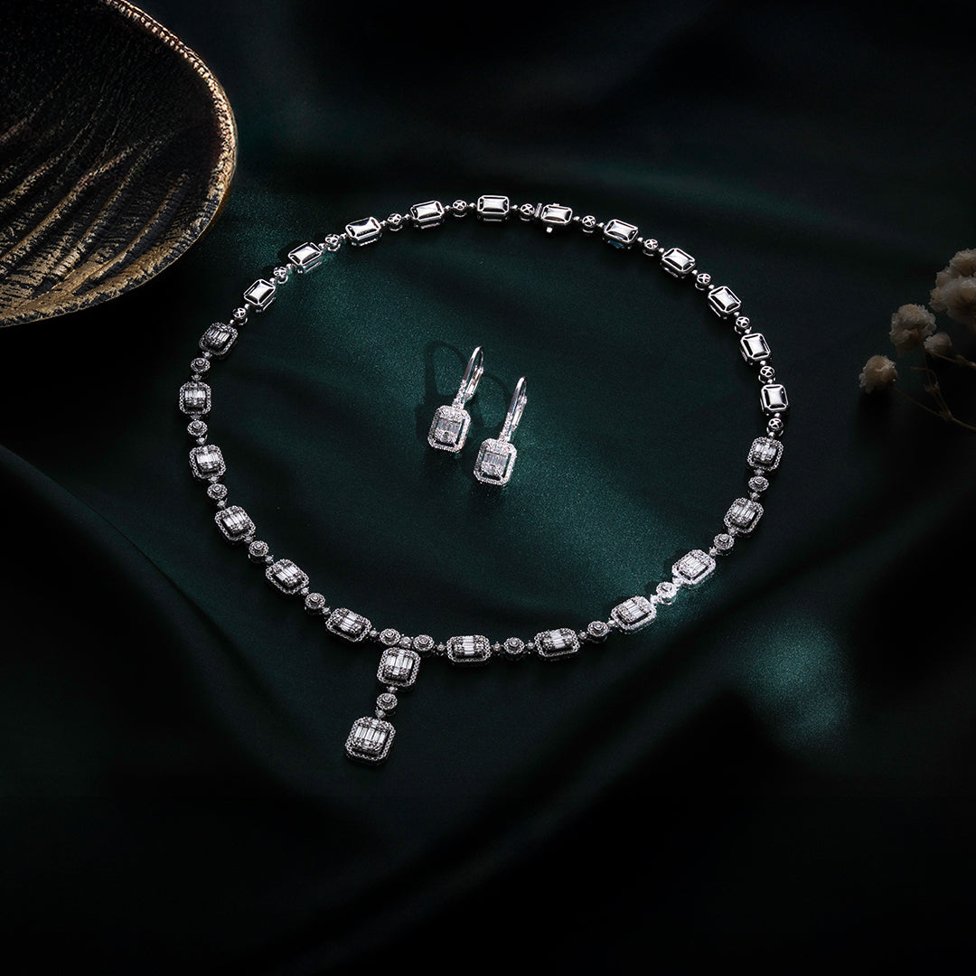 Mirage Emerald Cut Diamond Y-Shape Necklace with Free Diamond Earrings