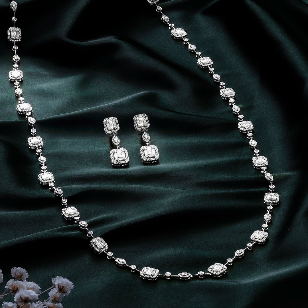 Mirage Emerald Cut Long Diamond Necklace and Free Diamond Earrings - Super Sale Combo