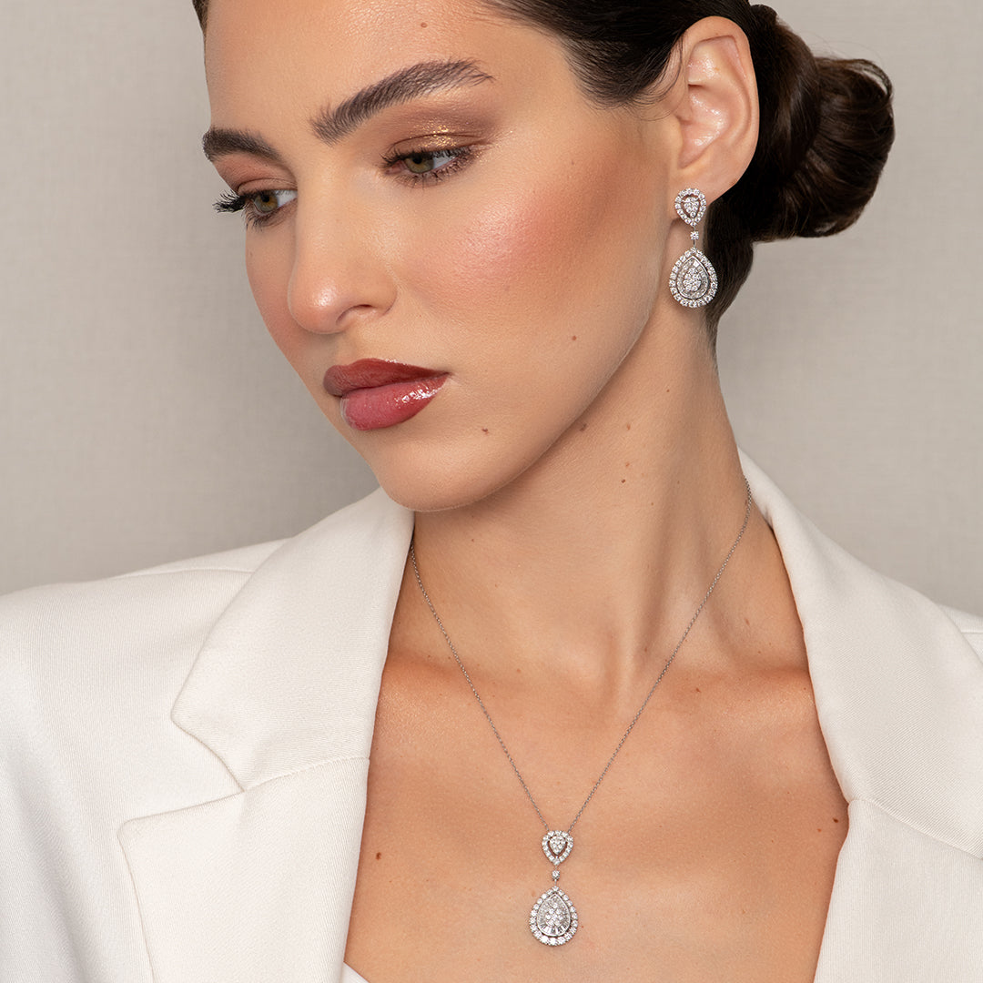 Mirage Large Diamond Double Pear Drop Pendant in White Gold