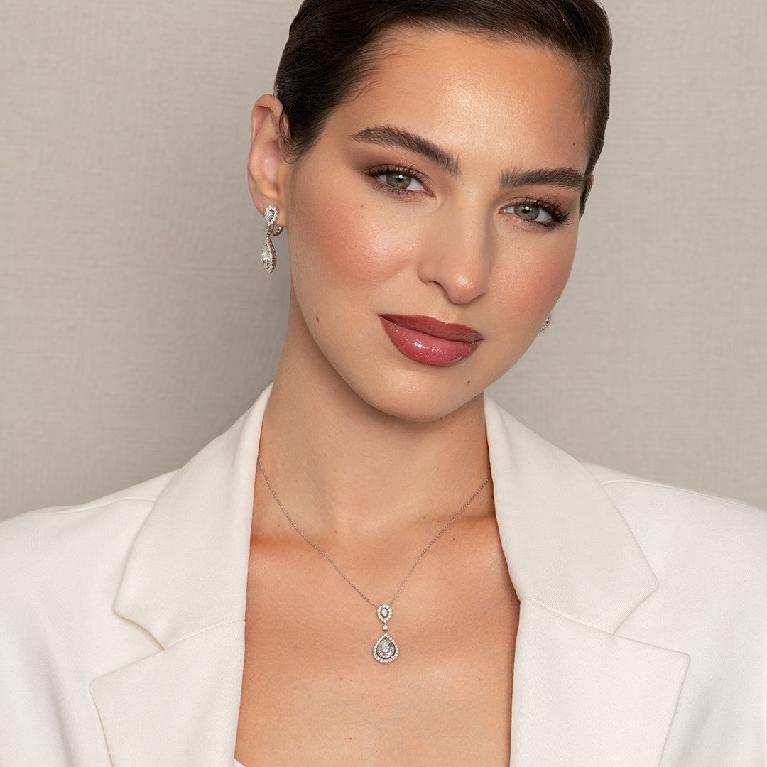 Mirage Regular Diamond Double Pear Drop Pendant in White Gold