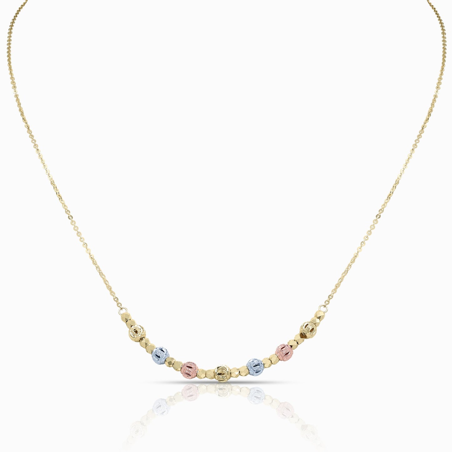 Tri-Color Faceted Bead Dainty Necklace in 18K Gold