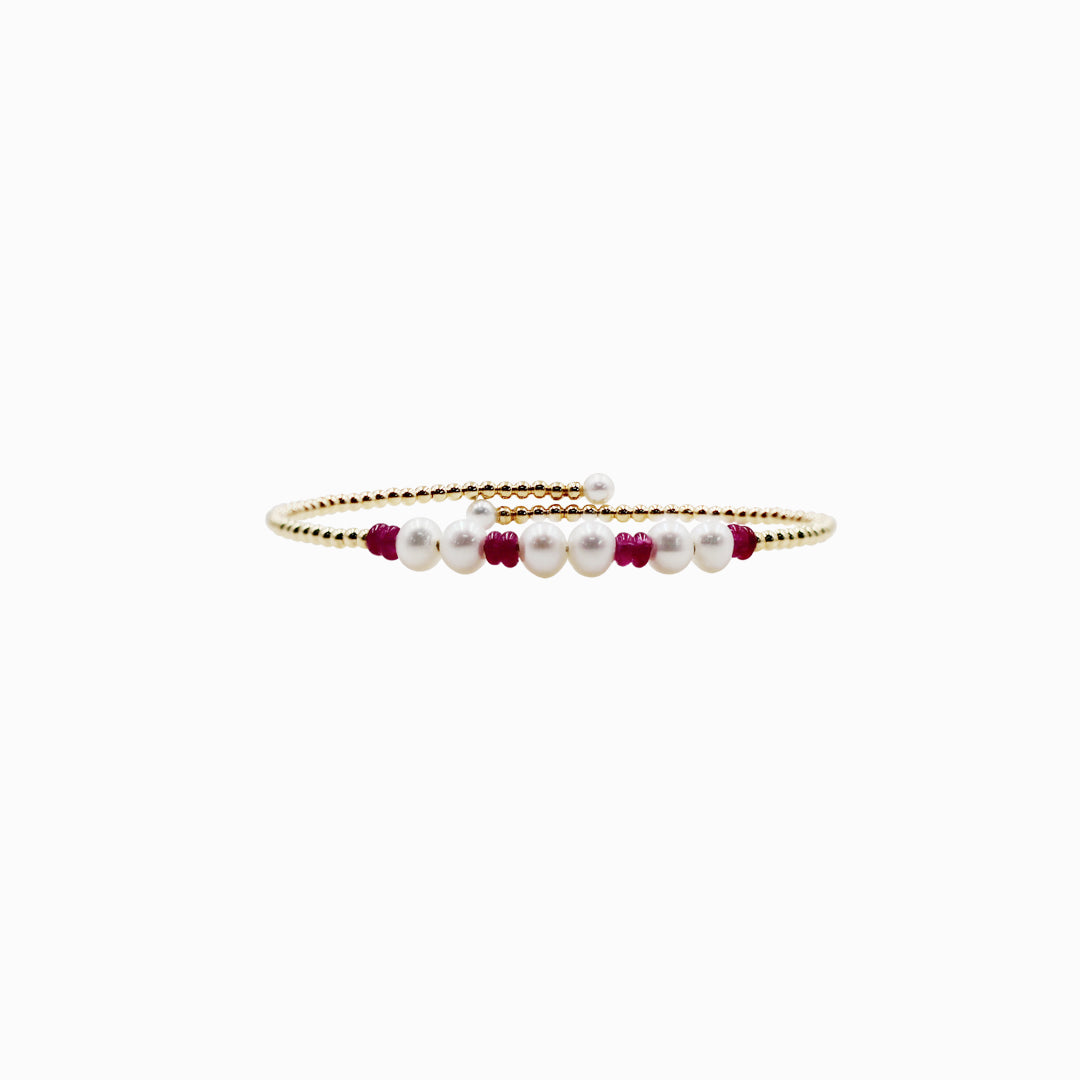 Sakura Ruby & Pearl Coiled Bangle in 18K Yellow Gold