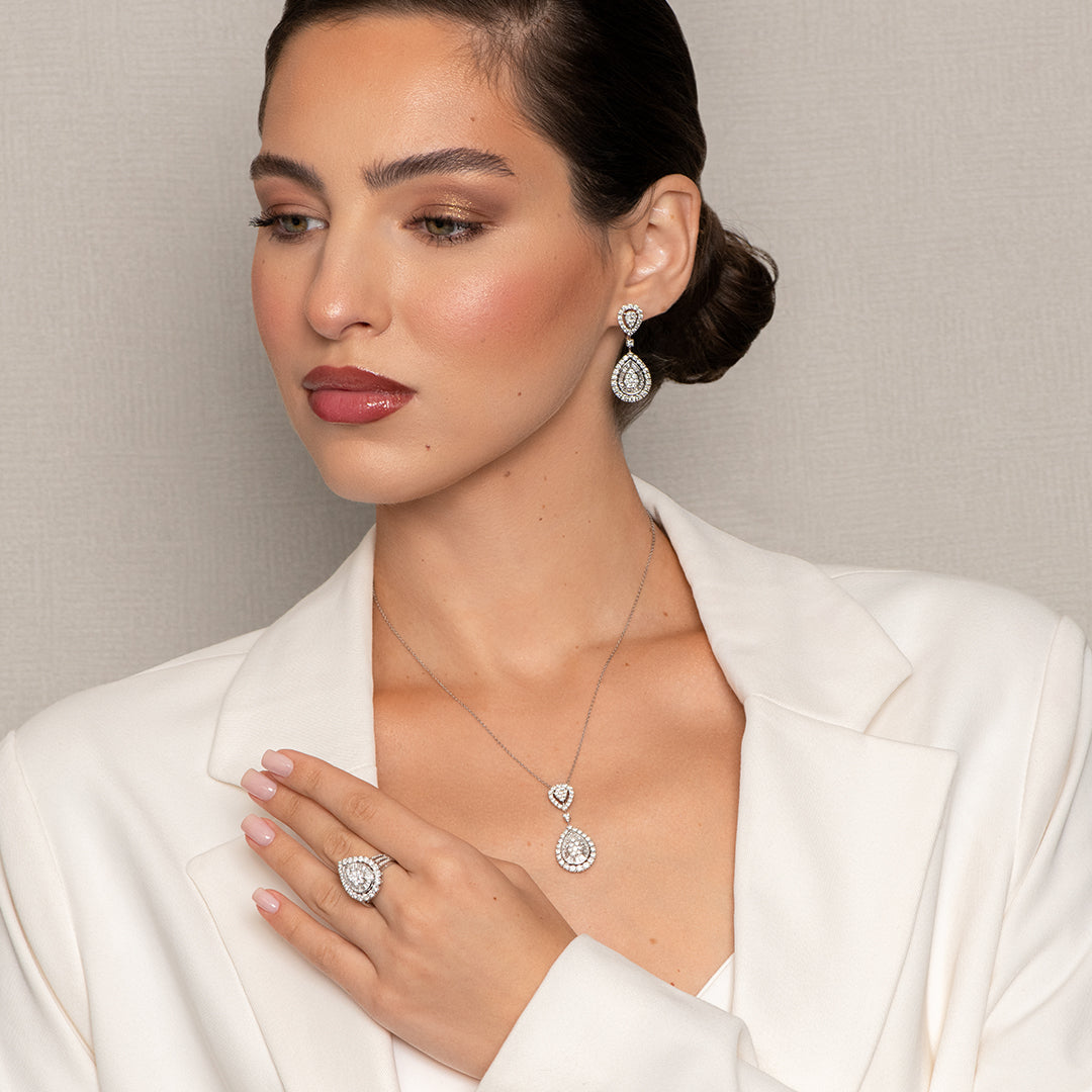 Mirage Large Diamond Pear Drop Earrings in White Gold