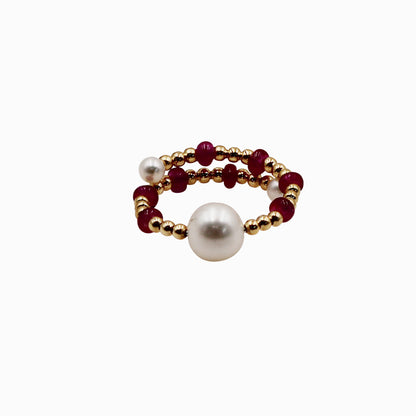Sakura Pearl & Ruby Coiled Ring in 18K Yellow Gold