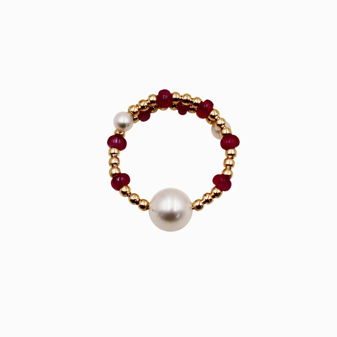 Sakura Pearl & Ruby Coiled Ring in 18K Yellow Gold