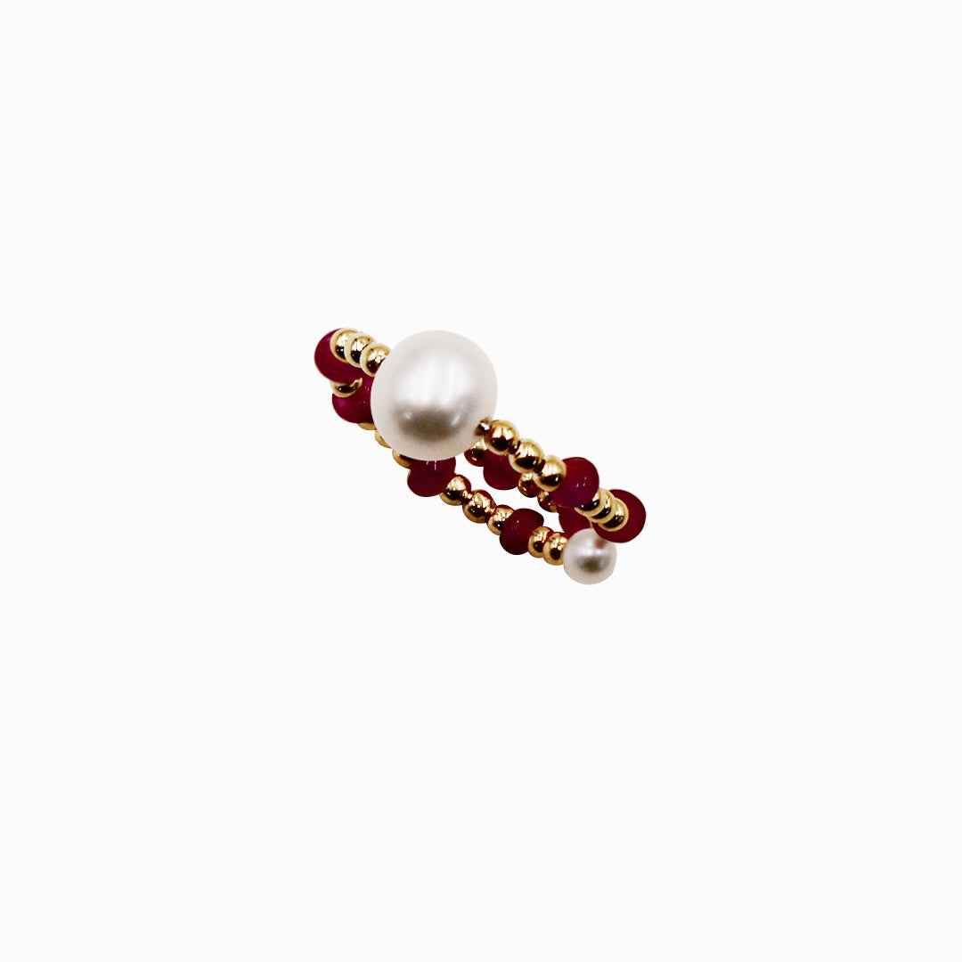 Sakura Pearl & Ruby Coiled Ring in 18K Yellow Gold