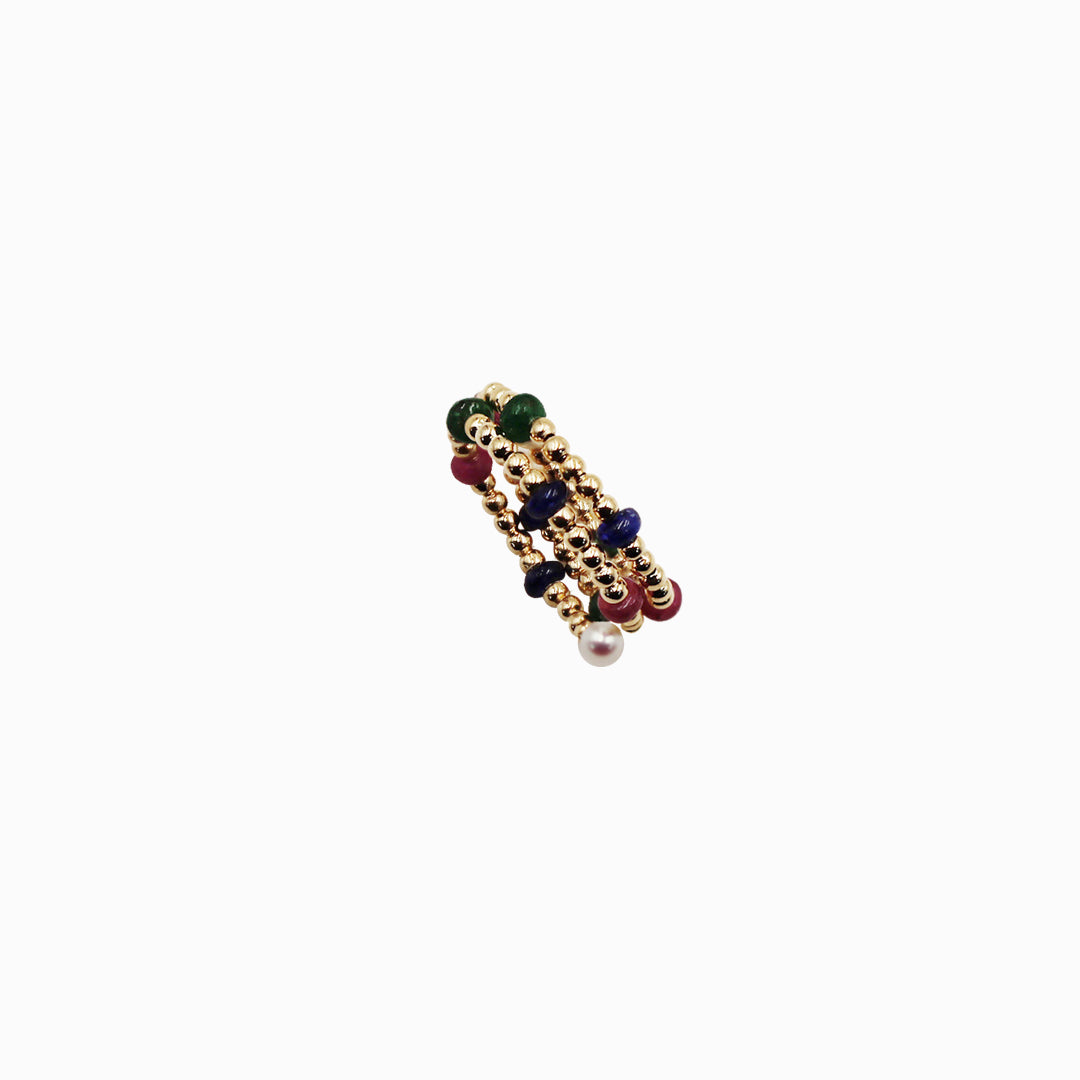 Sakura Multi-Gemstone & Pearl Triple-Coil Ring in 18K Yellow Gold