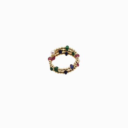 Sakura Multi-Gemstone & Pearl Triple-Coil Ring in 18K Yellow Gold