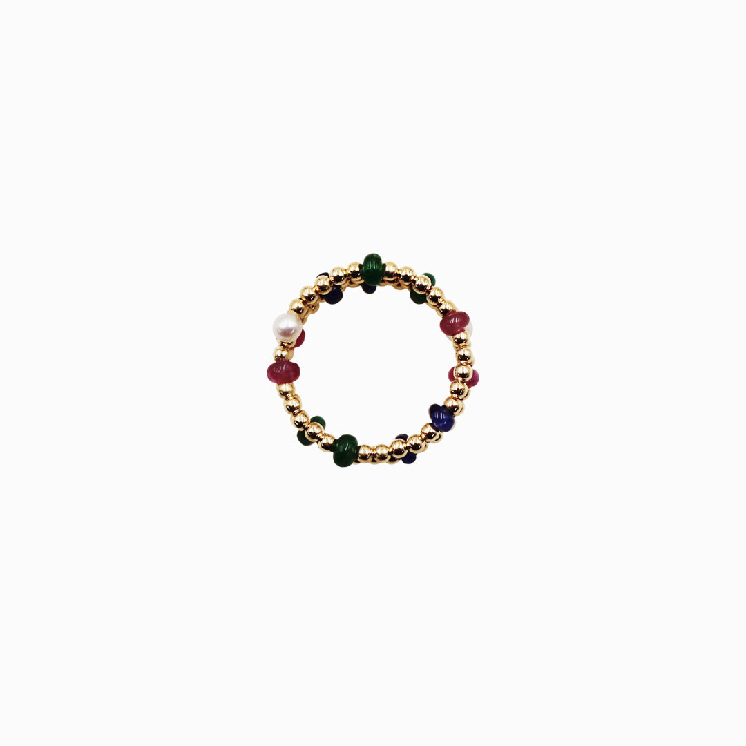 Sakura Multi-Gemstone & Pearl Triple-Coil Ring in 18K Yellow Gold
