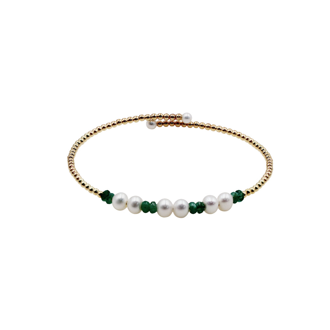 Sakura Pearl & Emerald Coiled Bangle in 18K Yellow Gold